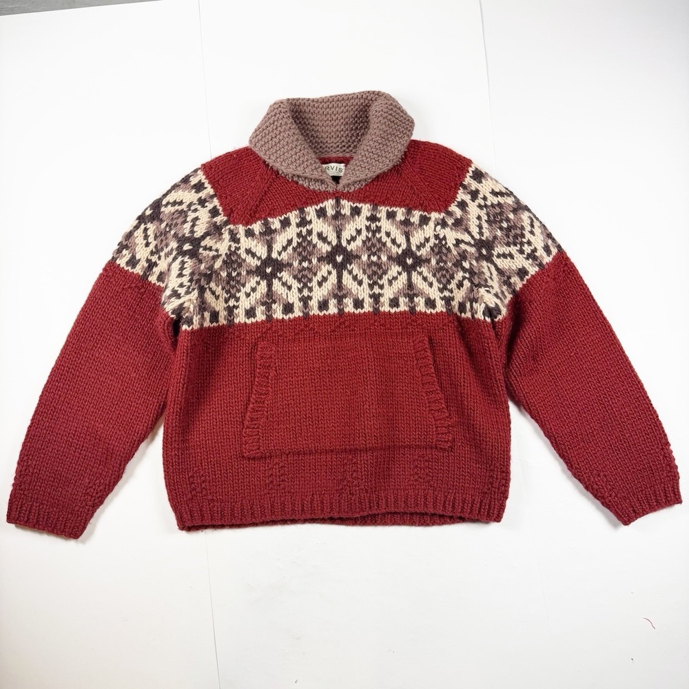 Orvis Men's 100% Wool Chunky Knit Shawl Collar Sweater XL Burgundy‎ Brown